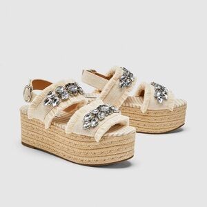 Zara Cream Platform Espadrille Sandals Rhinestone Accent Women's EU Size 36